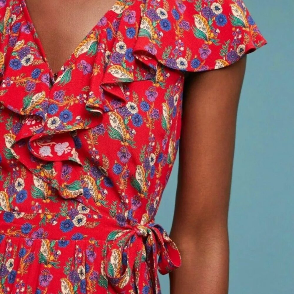 Anthropologie Maeve Rosalia Wrap Dress Ruffles Red Floral 4 Frilly Boho Garden 4